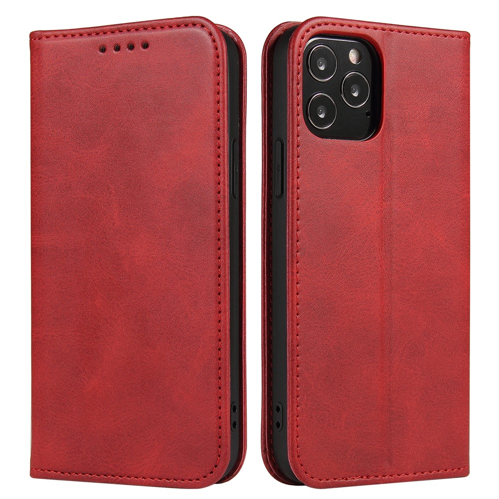 For iPhone 11 Pro Max 6.5 inch Calf Texture Phone Shell Wallet Phone Cover Auto-absorbed Leather Stand Case - Red