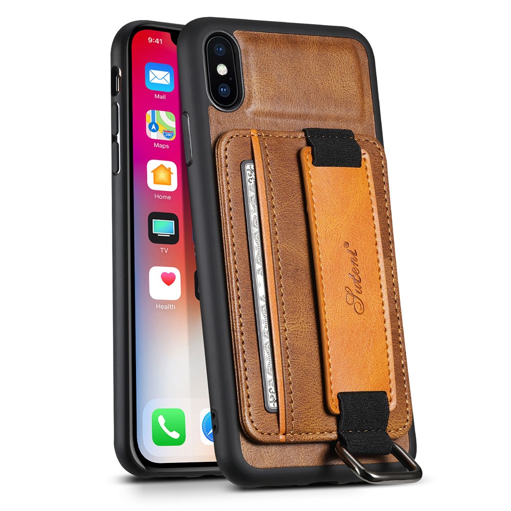 SUTENI H13 Hand Strap Kickstand Phone Case for iPhone XS Max Card Holder PU Leather Coated PC + TPU Cover - Brown