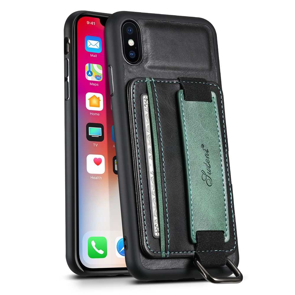 SUTENI H13 Hand Strap Kickstand Phone Case for iPhone XS Max Card Holder PU Leather Coated PC + TPU Cover - Black