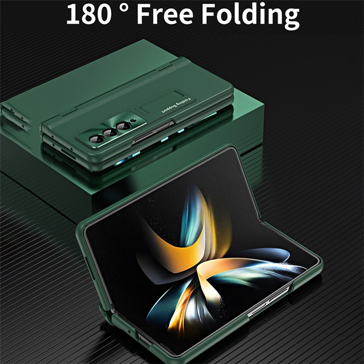 Para Samsung Galaxy Z Fold4 5G Protección de la Bisagra Case de Teléfonos PU Cubierta de Titetos de PC Con Recubrimiento de Cuero Con Película de Vidrio Templado - Zafiro-4