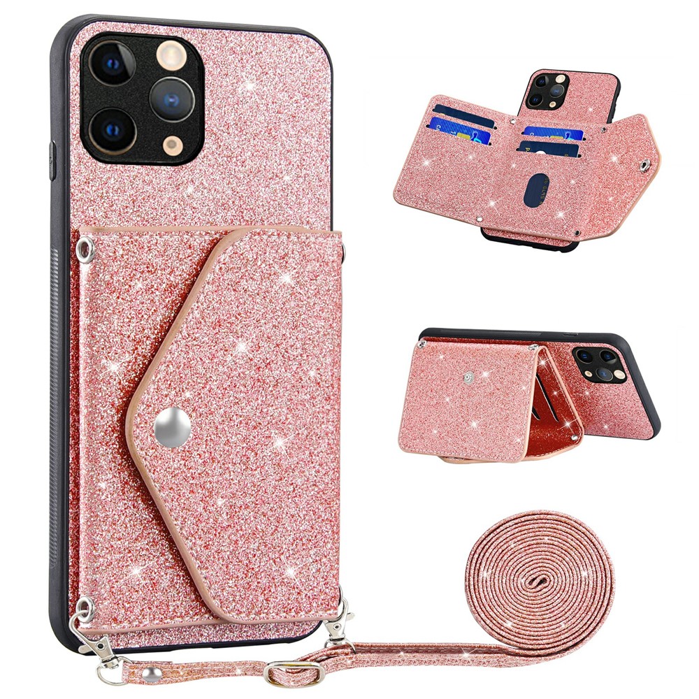 Triangle Kickstand Card Holder Phone Case for iPhone 11 Pro Max 6.5 inch PU Leather+TPU Glittery Powder Phone Cover - Pink