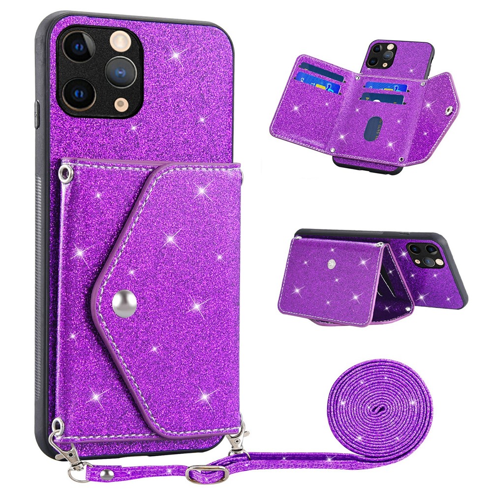 Triangle Kickstand Card Holder Phone Case for iPhone 11 Pro Max 6.5 inch PU Leather+TPU Glittery Powder Phone Cover - Purple