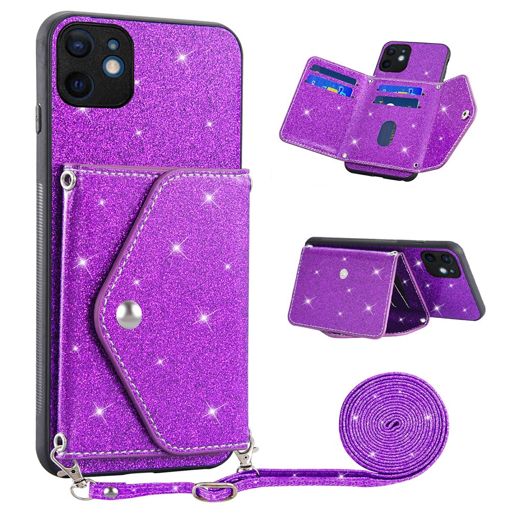 For iPhone 12 mini 5.4 inch Shoulder Strap Phone Case Kickstand Card Holder Cover with Glittery Powder Decor - Purple