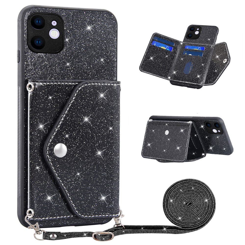 For iPhone 11 6.1 inch PU Leather+TPU Glittery Powder Phone Cover Triangle Card Holder Kickstand Phone Case - Black