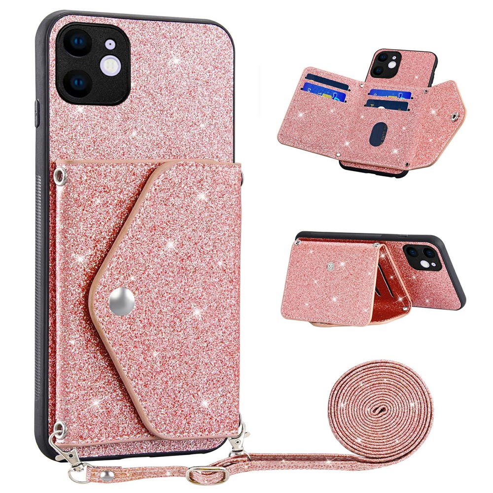 For iPhone 11 6.1 inch PU Leather+TPU Glittery Powder Phone Cover Triangle Card Holder Kickstand Phone Case - Pink