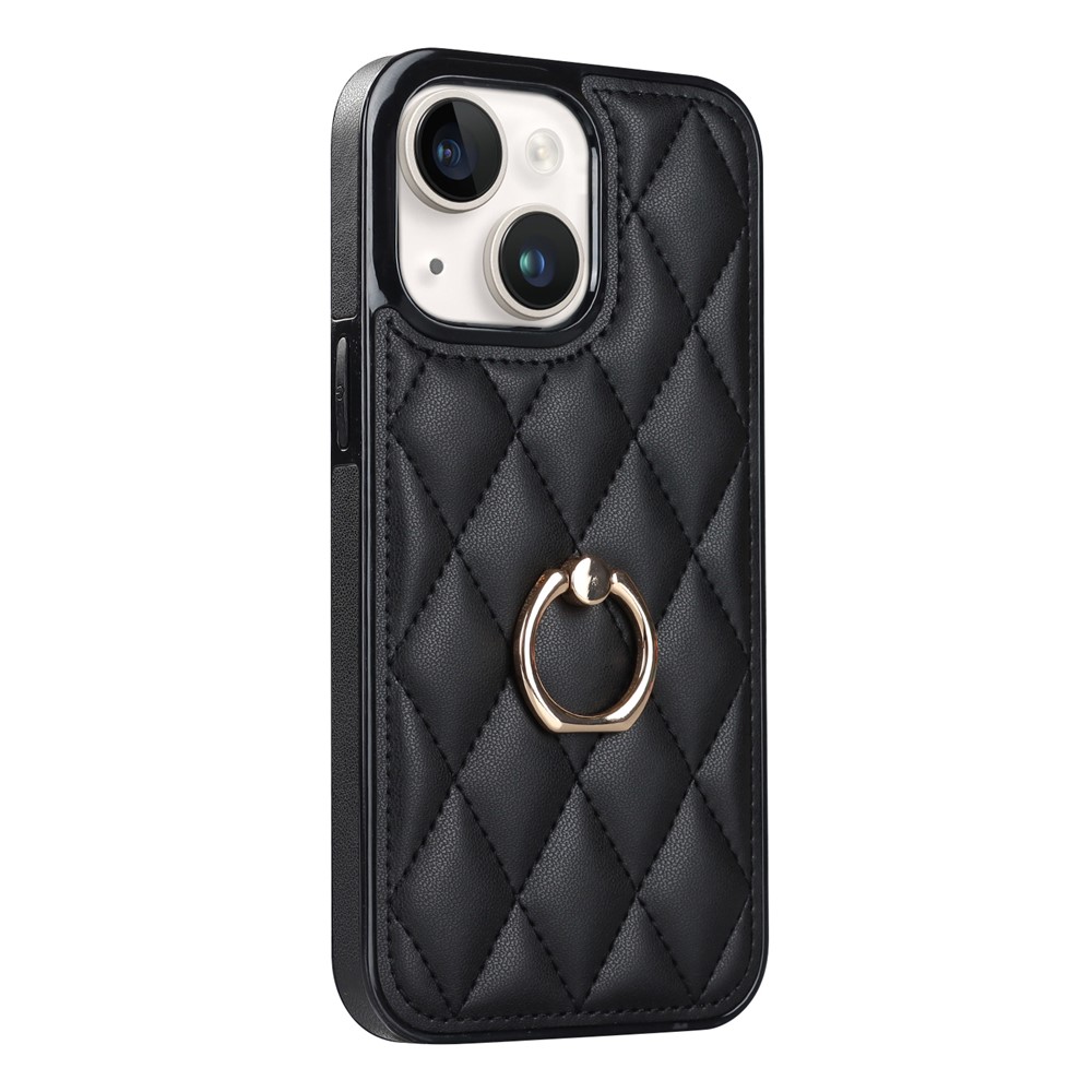 For iPhone 13 mini 5.4 inch Anti-Scratch Phone Cover Stitching Rhombus PU Leather+TPU Phone Case with Ring Holder Kickstand - Black