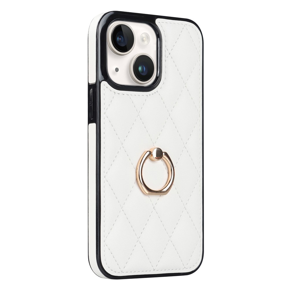 For iPhone 13 mini 5.4 inch Anti-Scratch Phone Cover Stitching Rhombus PU Leather+TPU Phone Case with Ring Holder Kickstand - White