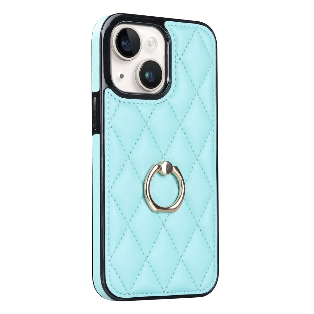 For iPhone 13 mini 5.4 inch Anti-Scratch Phone Cover Stitching Rhombus PU Leather+TPU Phone Case with Ring Holder Kickstand - Sky Blue