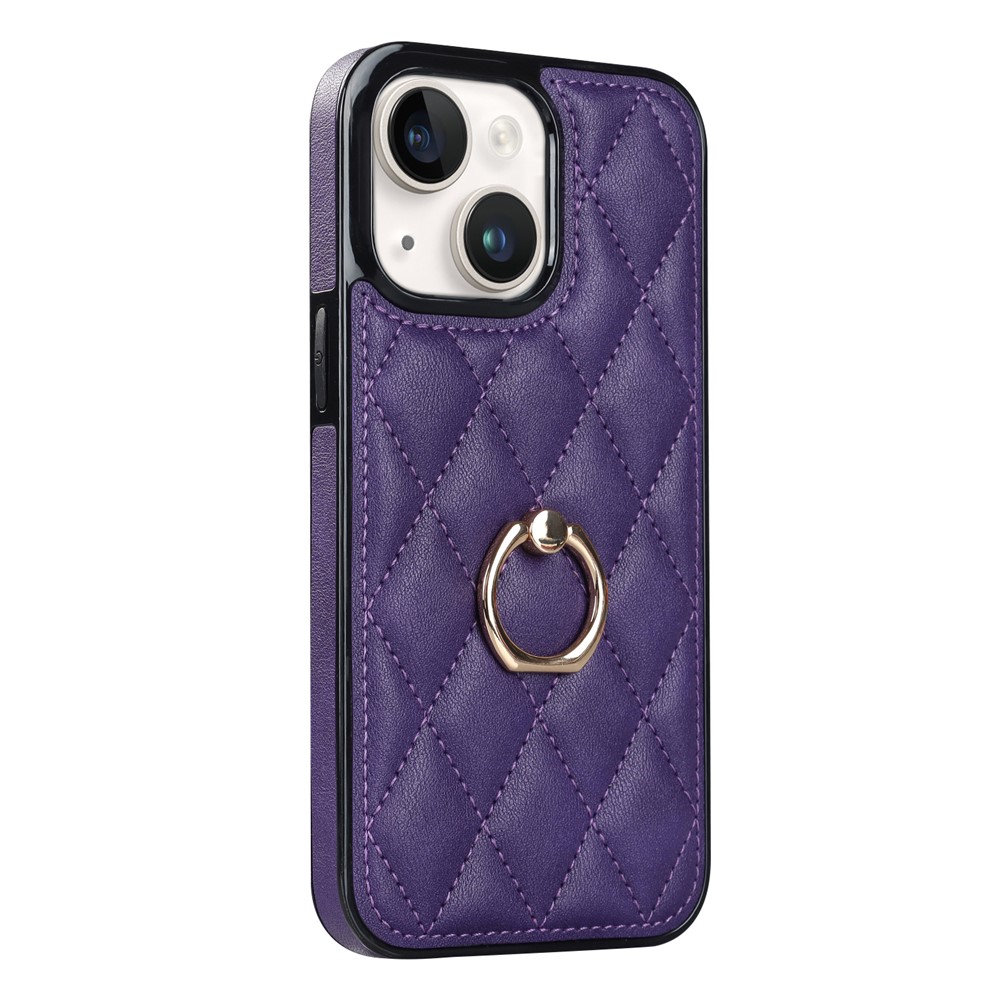 For iPhone 13 mini 5.4 inch Anti-Scratch Phone Cover Stitching Rhombus PU Leather+TPU Phone Case with Ring Holder Kickstand - Purple