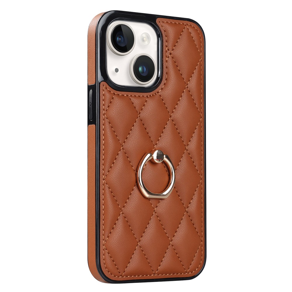 For iPhone 13 mini 5.4 inch Anti-Scratch Phone Cover Stitching Rhombus PU Leather+TPU Phone Case with Ring Holder Kickstand - Brown
