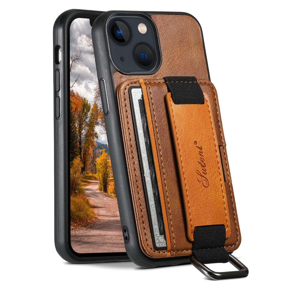 SUTENI H13 For iPhone 13 mini 5.4 inch Leather Coated PC+TPU Shell, Kickstand Case Card Holder Phone Cover with Hand Strap - Brown