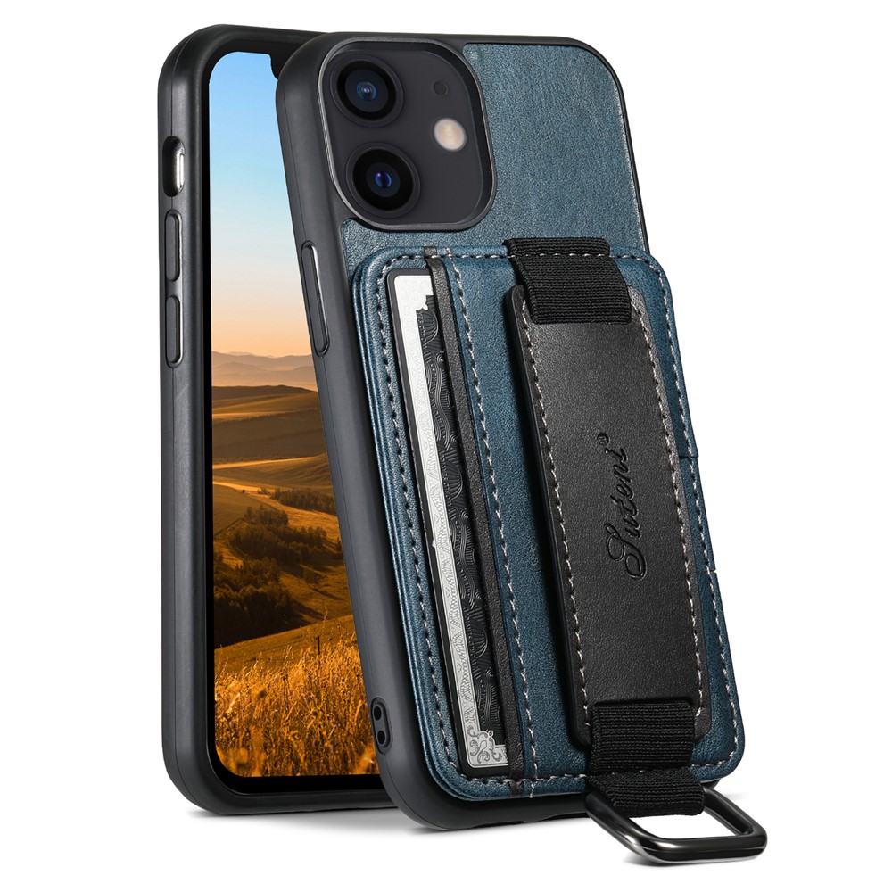SUTENI H13 For iPhone 12 mini 5.4 inch Card Holder Case with Hand Strap Kickstand Leather Coated PC+TPU Phone Cover - Blue