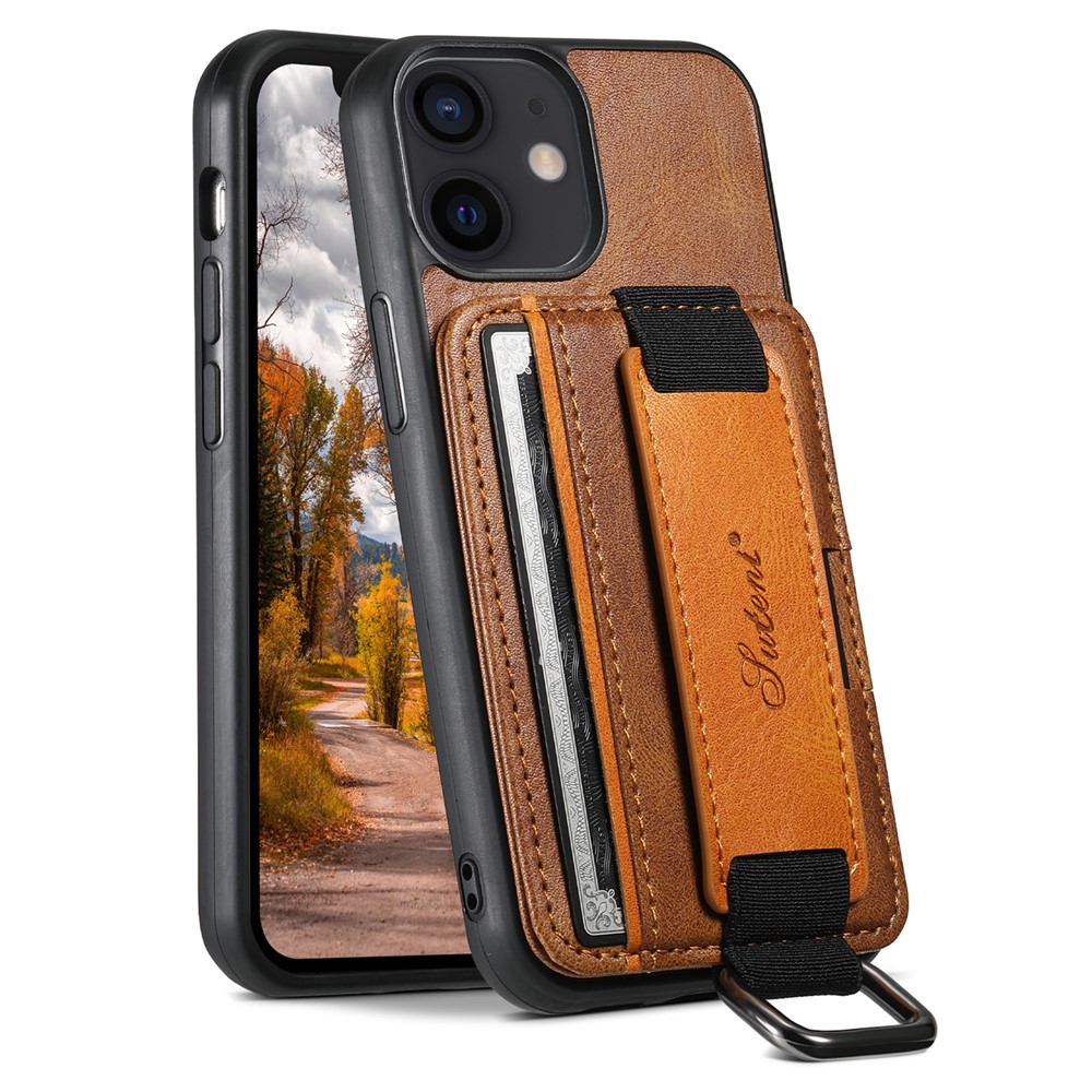 SUTENI H13 For iPhone 12 mini 5.4 inch Card Holder Case with Hand Strap Kickstand Leather Coated PC+TPU Phone Cover - Brown