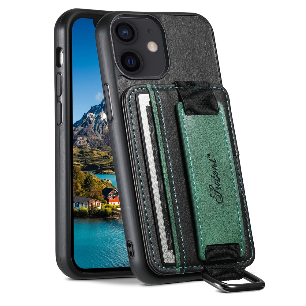 SUTENI H13 For iPhone 12 mini 5.4 inch Card Holder Case with Hand Strap Kickstand Leather Coated PC+TPU Phone Cover - Black