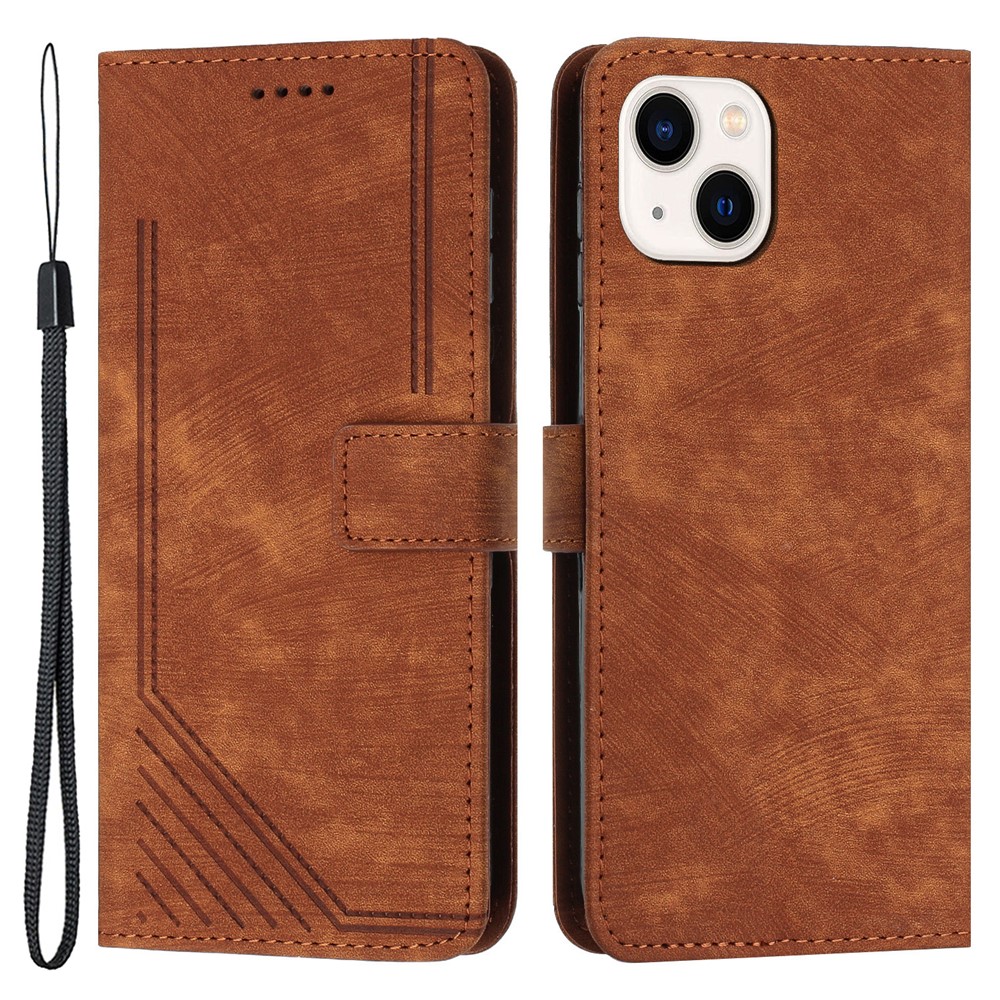For iPhone 13 mini Stand Wallet PU Leather Phone Case Skin-touch Lines Imprinted Cover - Brown