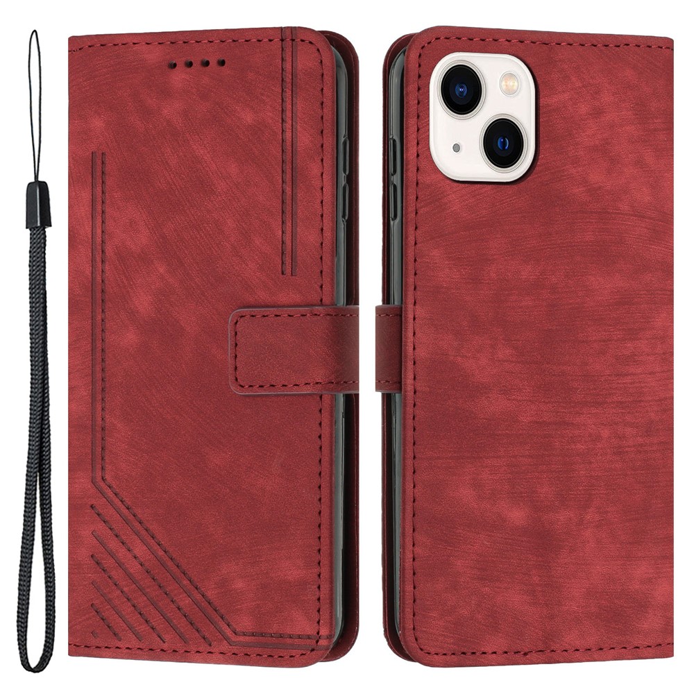 For iPhone 13 mini Stand Wallet PU Leather Phone Case Skin-touch Lines Imprinted Cover - Red