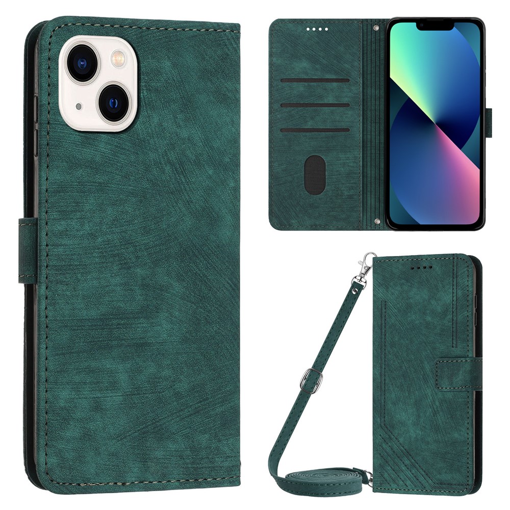 For iPhone 13 mini 5.4 inch PU Leather Flip Folio Case Lines Imprinted Stand Wallet Phone Cover - Green