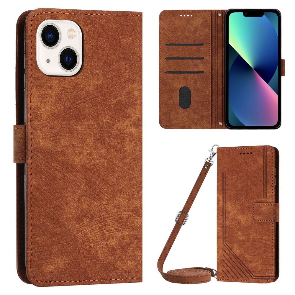 For iPhone 13 mini 5.4 inch PU Leather Flip Folio Case Lines Imprinted Stand Wallet Phone Cover - Brown
