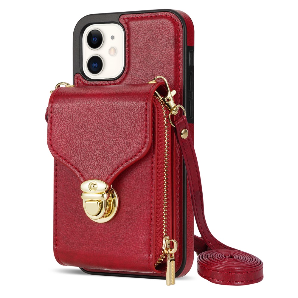 For iPhone 11 6.1 inch PU Leather Coated TPU Card Slot Phone Case Kickstand Crossbody Zipper Cover - Red