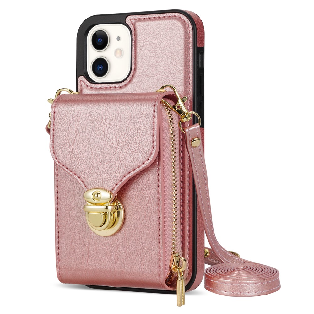 For iPhone 11 6.1 inch PU Leather Coated TPU Card Slot Phone Case Kickstand Crossbody Zipper Cover - Rose Gold
