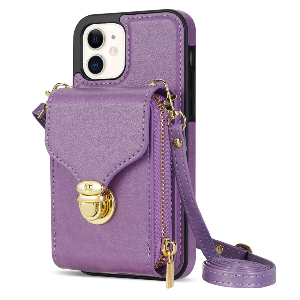 For iPhone 11 6.1 inch PU Leather Coated TPU Card Slot Phone Case Kickstand Crossbody Zipper Cover - Purple