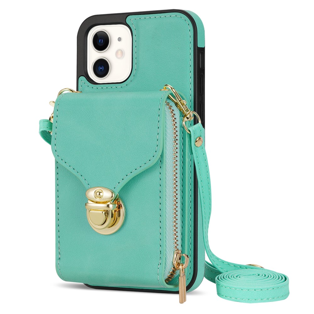 For iPhone 11 6.1 inch PU Leather Coated TPU Card Slot Phone Case Kickstand Crossbody Zipper Cover - Mint Green