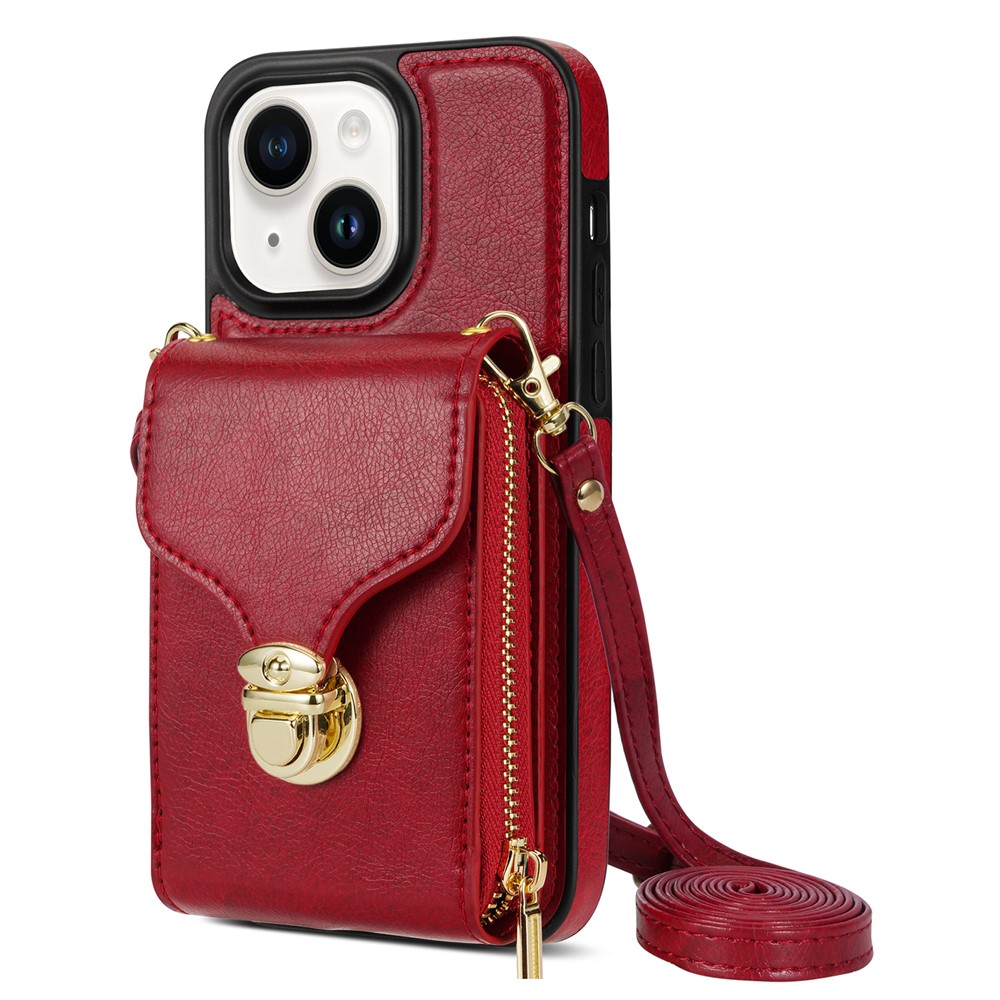 For iPhone 13 mini 5.4 inch Crossbody Card Holder Bag Phone Case PU Leather Coated TPU Kickstand Zipper Cover - Red