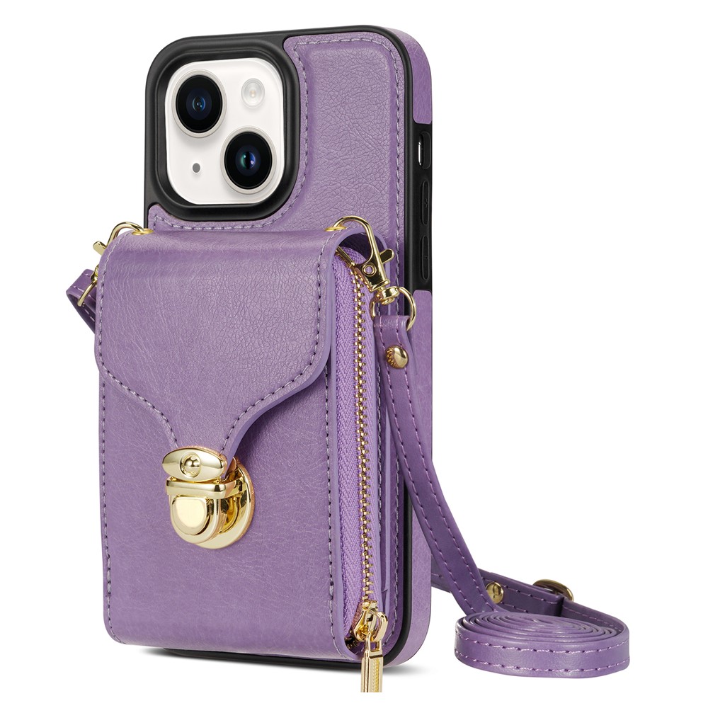 For iPhone 13 mini 5.4 inch Crossbody Card Holder Bag Phone Case PU Leather Coated TPU Kickstand Zipper Cover - Purple