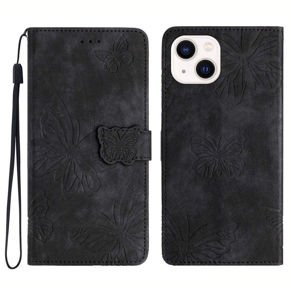 PU Leather Shell for iPhone 13 mini 5.4 inch Stand Wallet Case Butterfly Imprinted Skin-touch Phone Cover - Black
