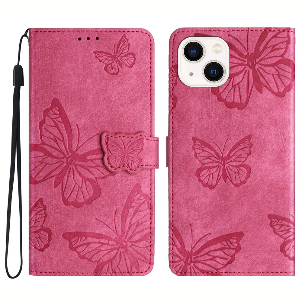 PU Leather Shell for iPhone 13 mini 5.4 inch Stand Wallet Case Butterfly Imprinted Skin-touch Phone Cover - Rose
