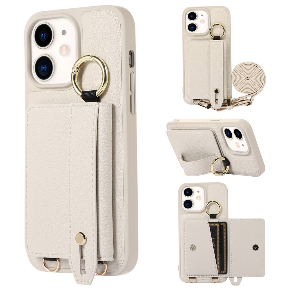 Fall-proof Cover for iPhone 11 6.1 inch Card Holder Hand Strap Leather+TPU Phone Kickstand Case with Shoulder Strap - White