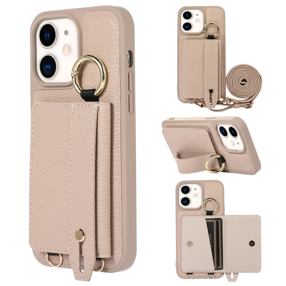 Fall-proof Cover for iPhone 11 6.1 inch Card Holder Hand Strap Leather+TPU Phone Kickstand Case with Shoulder Strap - Apricot