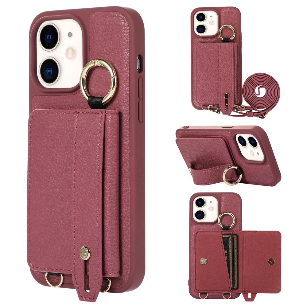 Fall-proof Cover for iPhone 11 6.1 inch Card Holder Hand Strap Leather+TPU Phone Kickstand Case with Shoulder Strap - Plum