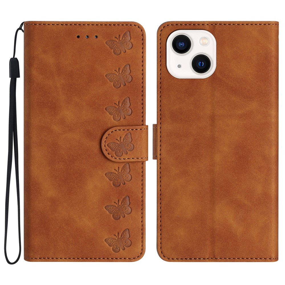 For iPhone 13 mini 5.4 inch Butterfly Imprinted Shockproof Phone Case Leather Wallet Cover with Stand - Brown