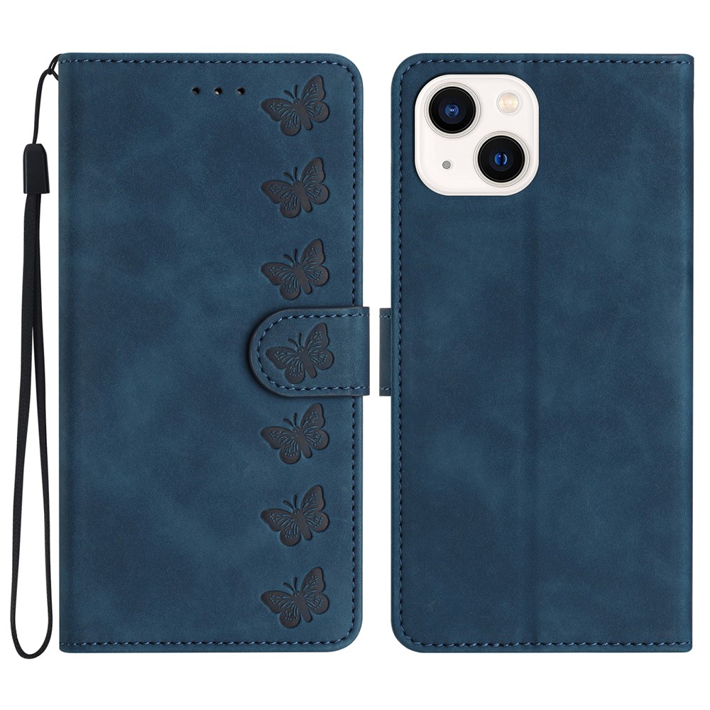 For iPhone 13 mini 5.4 inch Butterfly Imprinted Shockproof Phone Case Leather Wallet Cover with Stand - Blue