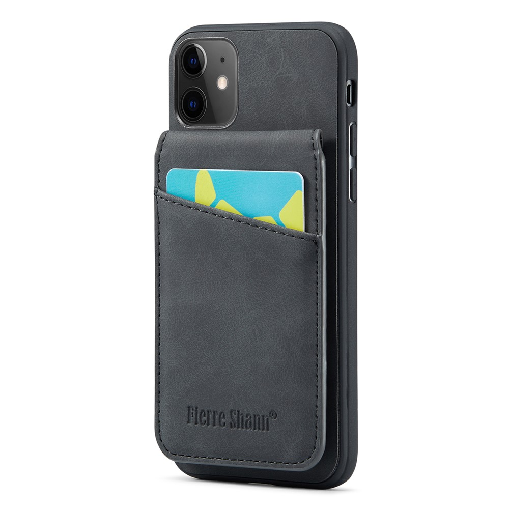 FIERRE SHANN Kickstand Phone Cover for iPhone 11 Crazy Horse Texture PU Leather+TPU Card Slot Case - Black