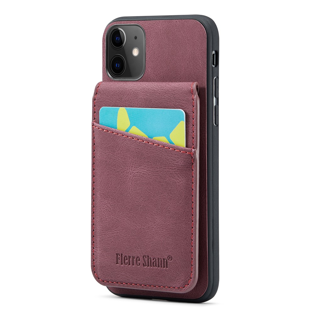 FIERRE SHANN Kickstand Phone Cover for iPhone 11 Crazy Horse Texture PU Leather+TPU Card Slot Case - Red