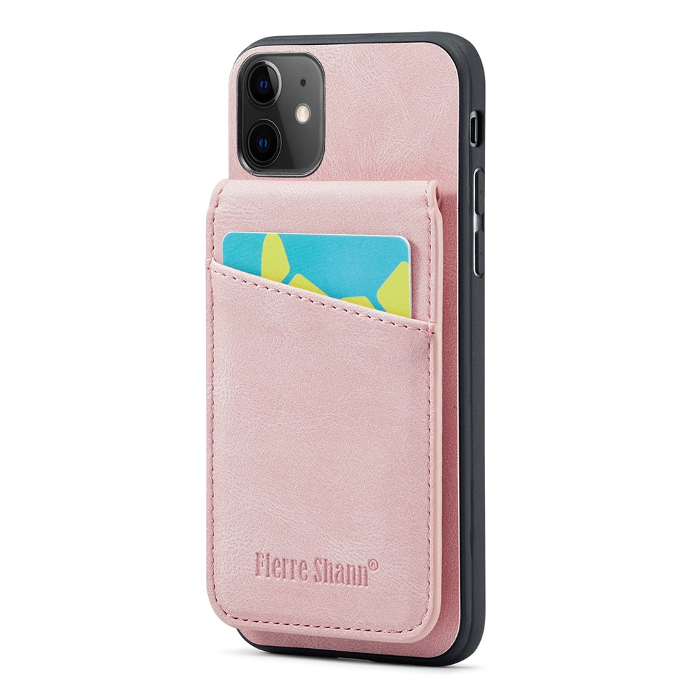FIERRE SHANN Kickstand Phone Cover for iPhone 11 Crazy Horse Texture PU Leather+TPU Card Slot Case - Pink