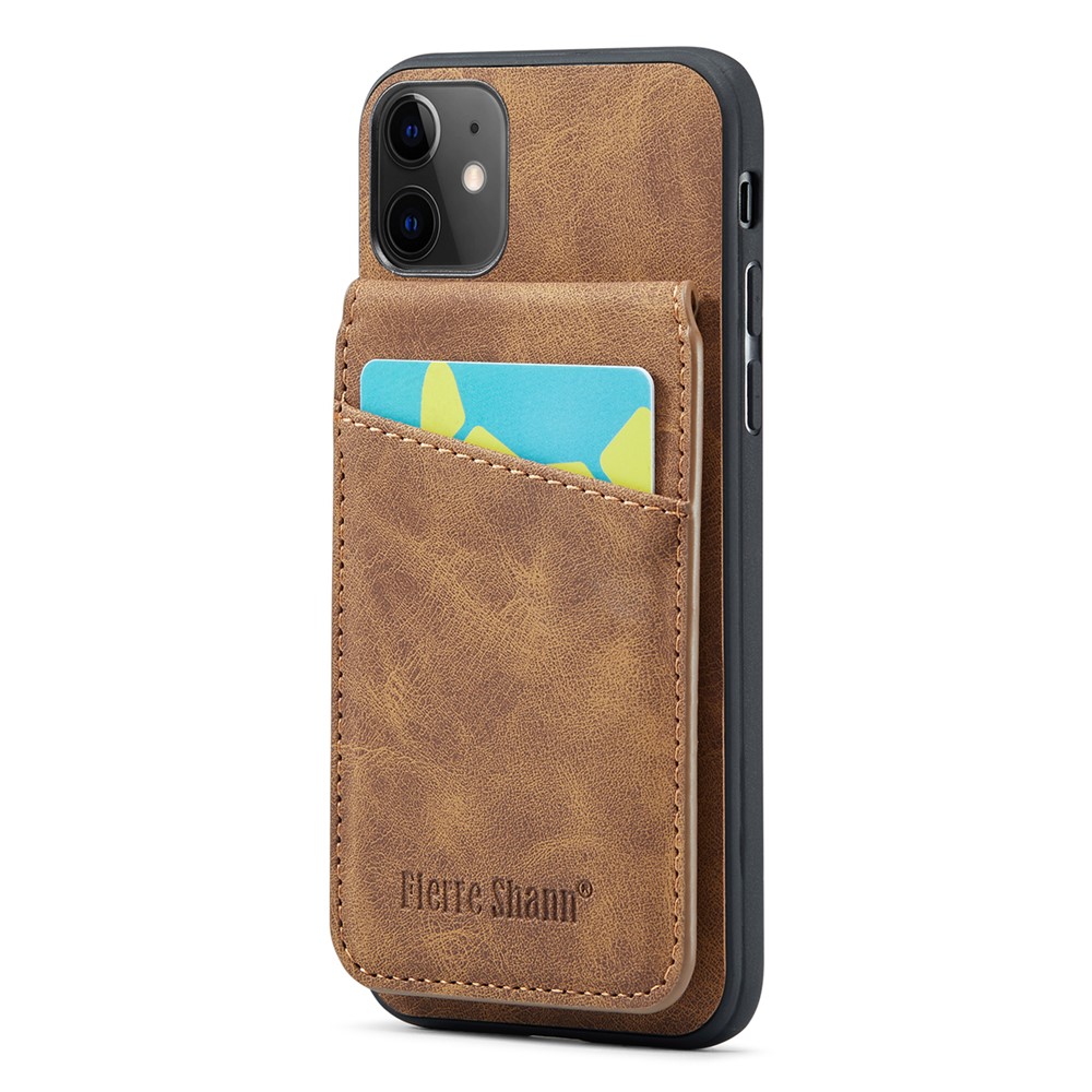 FIERRE SHANN Kickstand Phone Cover for iPhone 11 Crazy Horse Texture PU Leather+TPU Card Slot Case - Brown