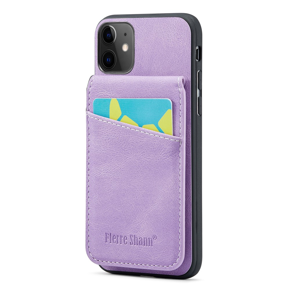 FIERRE SHANN Kickstand Phone Cover for iPhone 11 Crazy Horse Texture PU Leather+TPU Card Slot Case - Purple