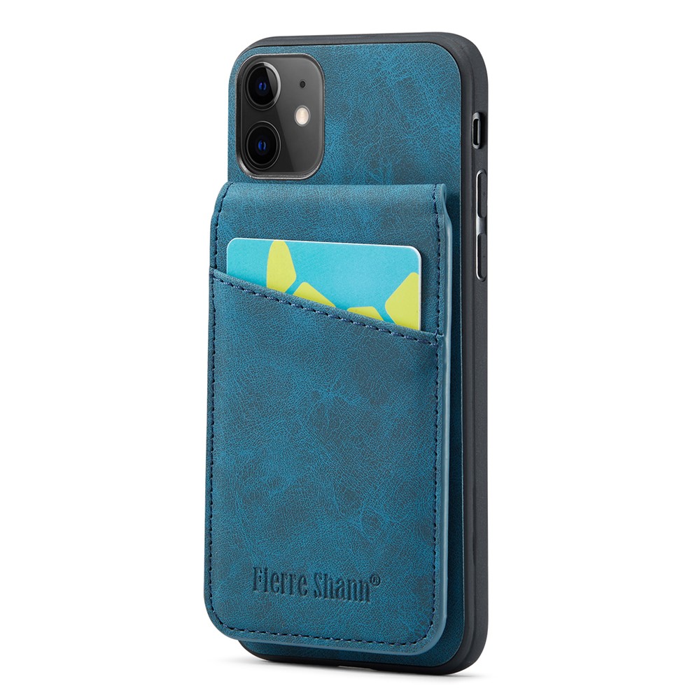 FIERRE SHANN Kickstand Phone Cover for iPhone 11 Crazy Horse Texture PU Leather+TPU Card Slot Case - Blue