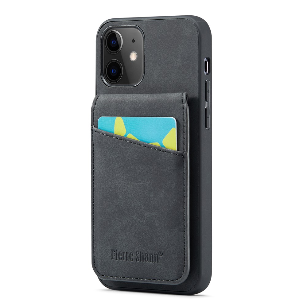 FIERRE SHANN Phone Cover for iPhone 12 / 12 Pro 6.1 inch Card Slots Kickstand PU Leather+TPU Case - Black