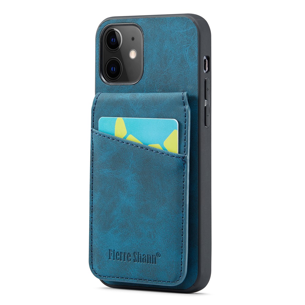 FIERRE SHANN Phone Cover for iPhone 12 / 12 Pro 6.1 inch Card Slots Kickstand PU Leather+TPU Case - Blue