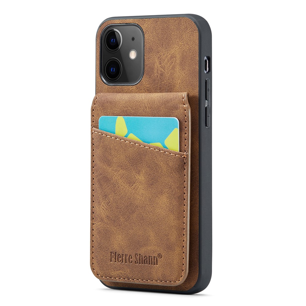 FIERRE SHANN Phone Cover for iPhone 12 / 12 Pro 6.1 inch Card Slots Kickstand PU Leather+TPU Case - Brown