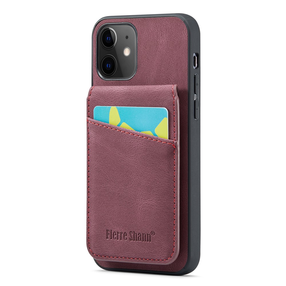FIERRE SHANN Phone Cover for iPhone 12 / 12 Pro 6.1 inch Card Slots Kickstand PU Leather+TPU Case - Red