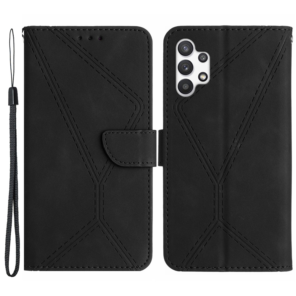 HT05 PU Leather Case for Samsung Galaxy A32 4G (EU Version) Imprinted Line Wallet Stand Skin-touch Cover - Black