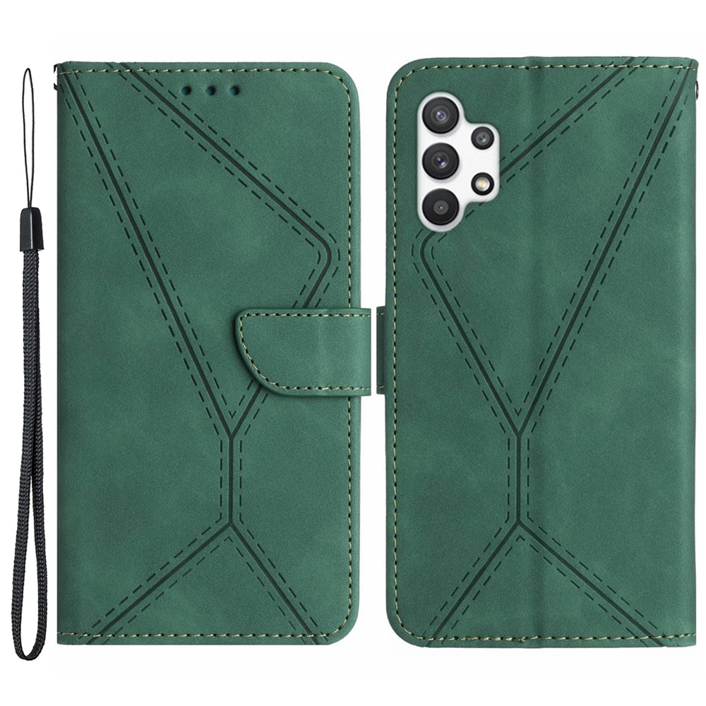 HT05 PU Leather Case for Samsung Galaxy A32 4G (EU Version) Imprinted Line Wallet Stand Skin-touch Cover - Green