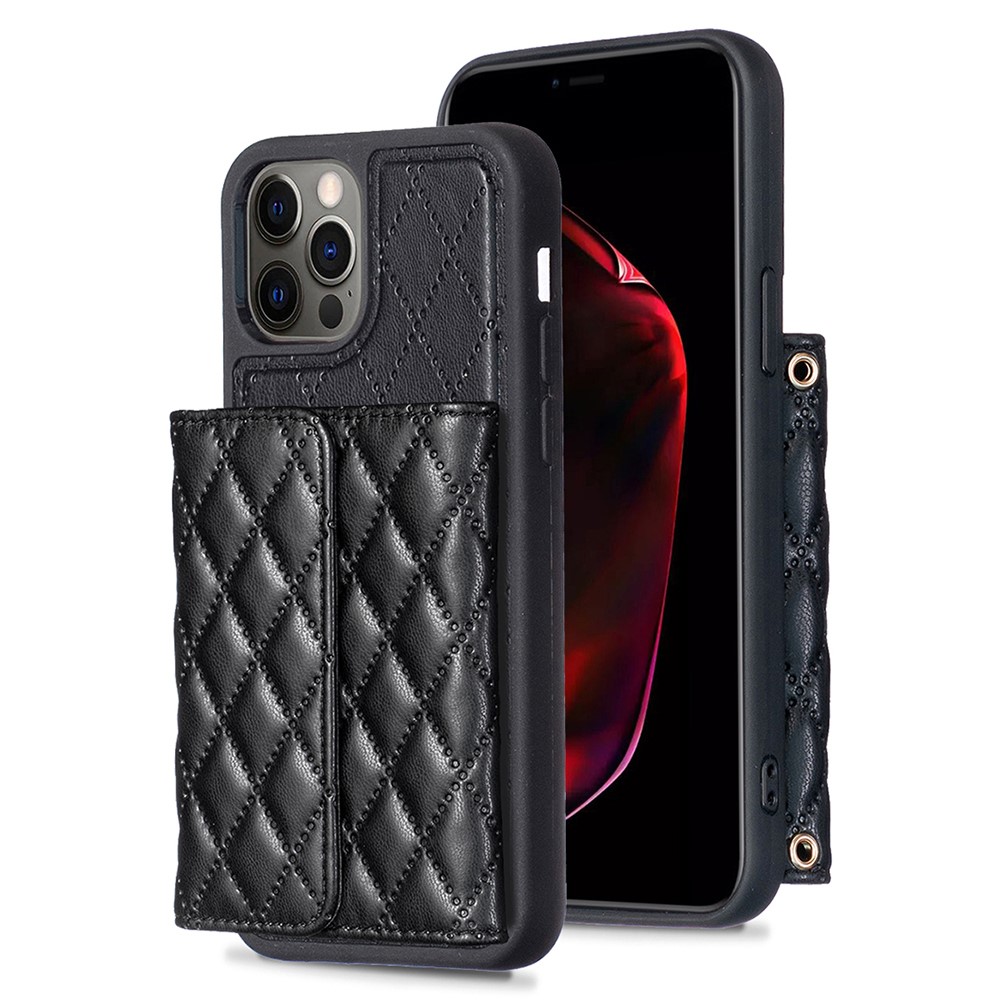 BF23-Style For iPhone 12 / 12 Pro Card Slots Phone Cover PU Leather Coated TPU Kickstand Case - Black