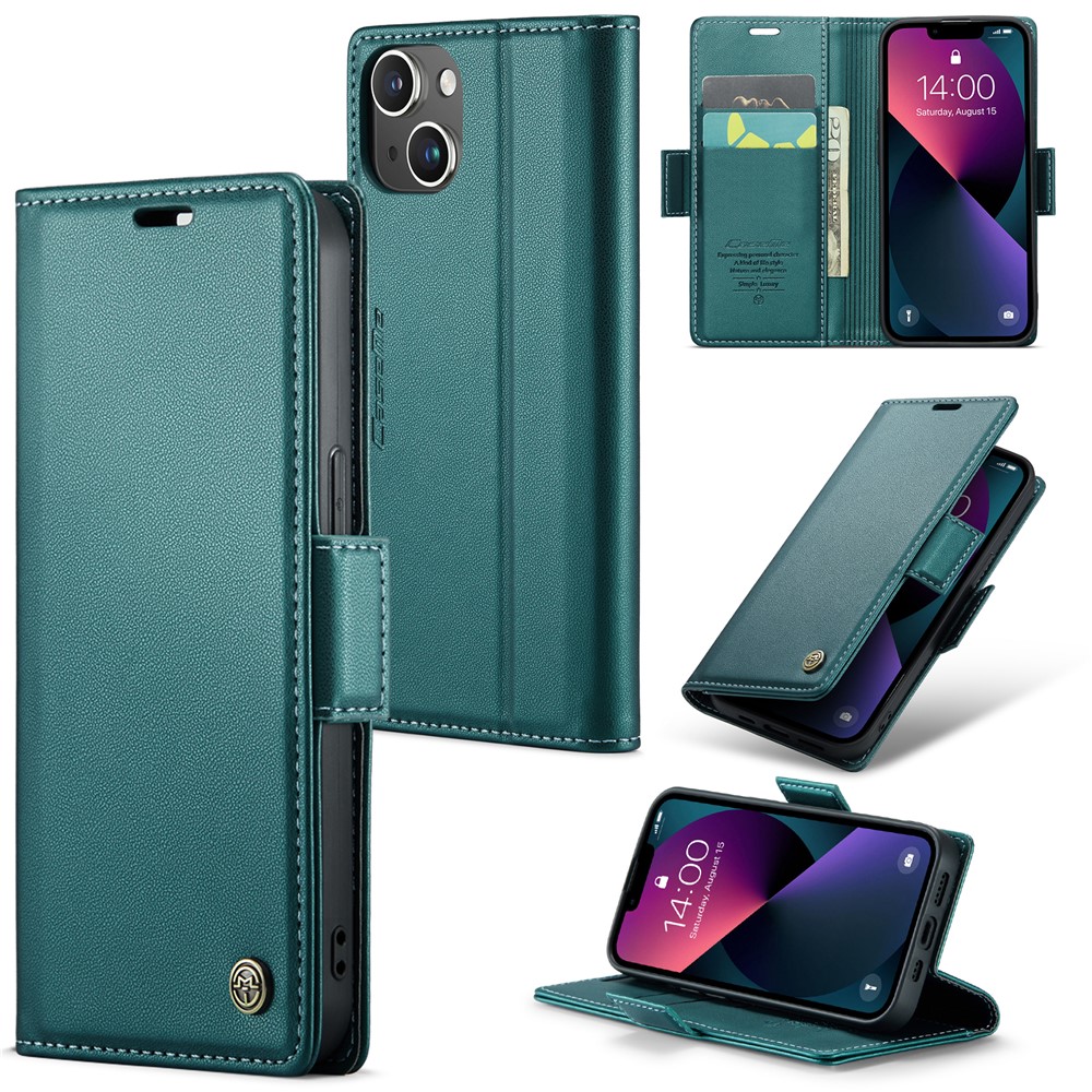 CASEME 023 Series For iPhone 13 mini 5.4 inch RFID Blocking Leather Case Litchi Texture Flip Stand Wallet Phone Cover - Green