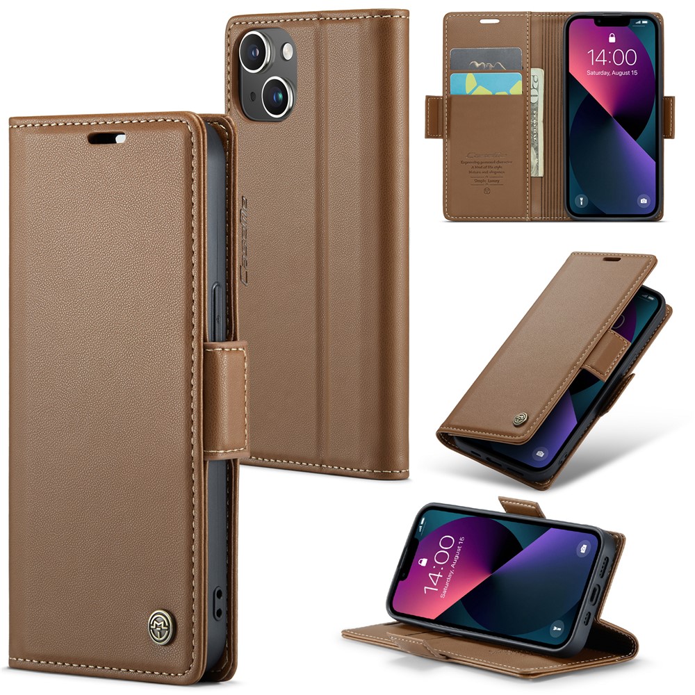 CASEME 023 Series For iPhone 13 mini 5.4 inch RFID Blocking Leather Case Litchi Texture Flip Stand Wallet Phone Cover - Brown